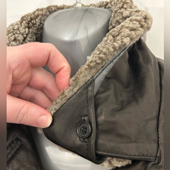 Genuine Brown Leather, Oversized Coat with Removable Sherpa Collar - Picture 4 of 11